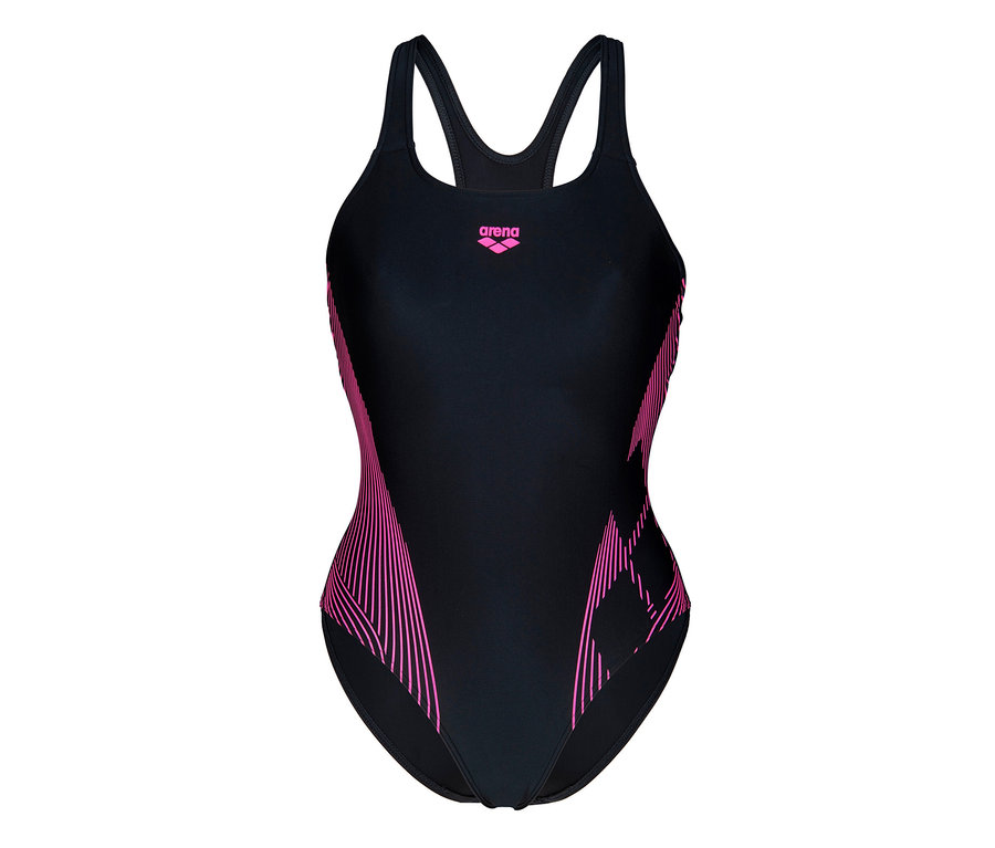 Černé dámské plavky s podprsenkou arena Feel Lily Swim Pro Back s růžovými detaily.