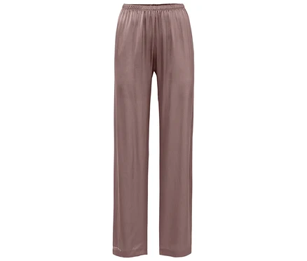 Hnědé saténové kalhoty s elastickým pasem.