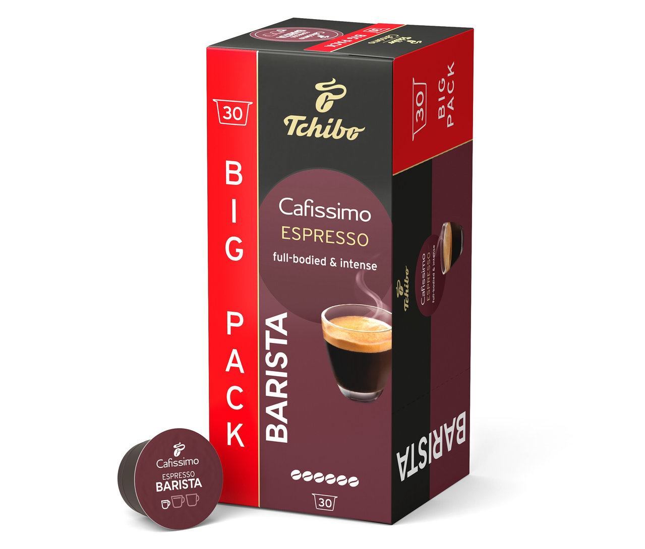 Balení Cafissimo BARISTA Espresso - 30 kapslí stojí vedle jedné kapsle.