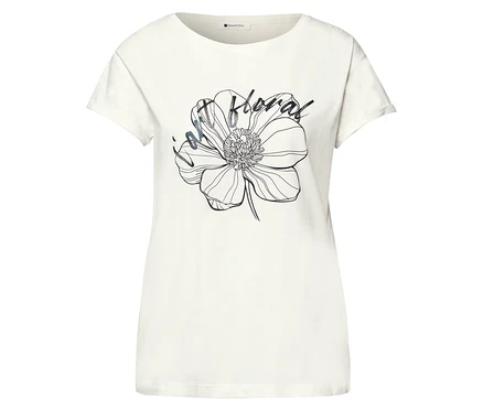 Bílé tričko Street One s černým obrysem květiny a nápisem „just floral“.