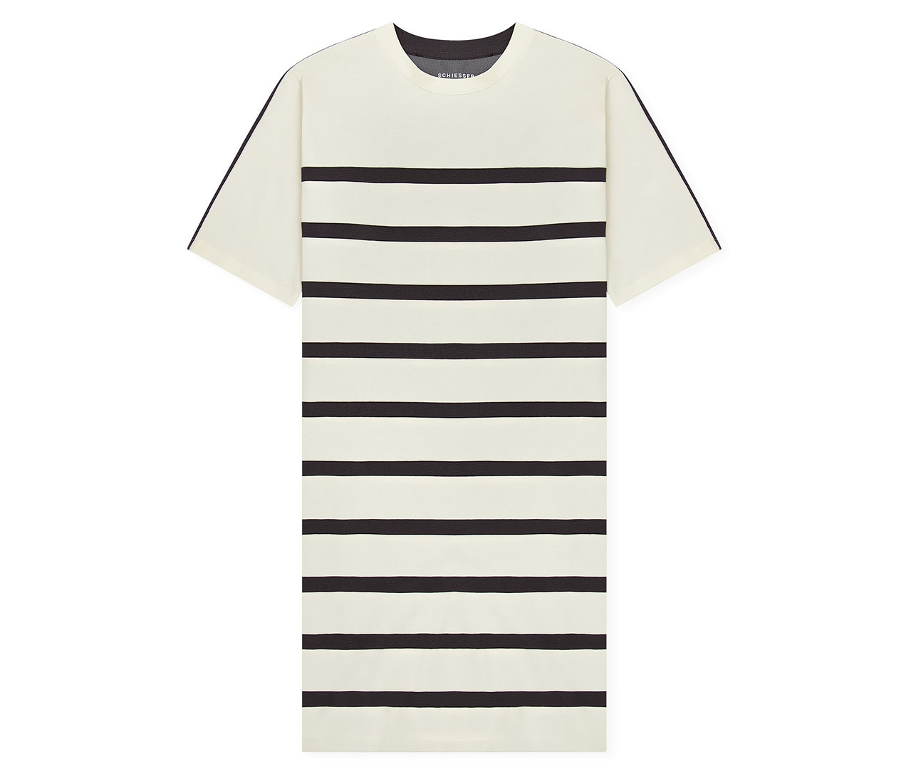 Krémová, krátká noční košile SCHIESSER s vodorovnými černými pruhy a tmavým kulatým výstřihem.