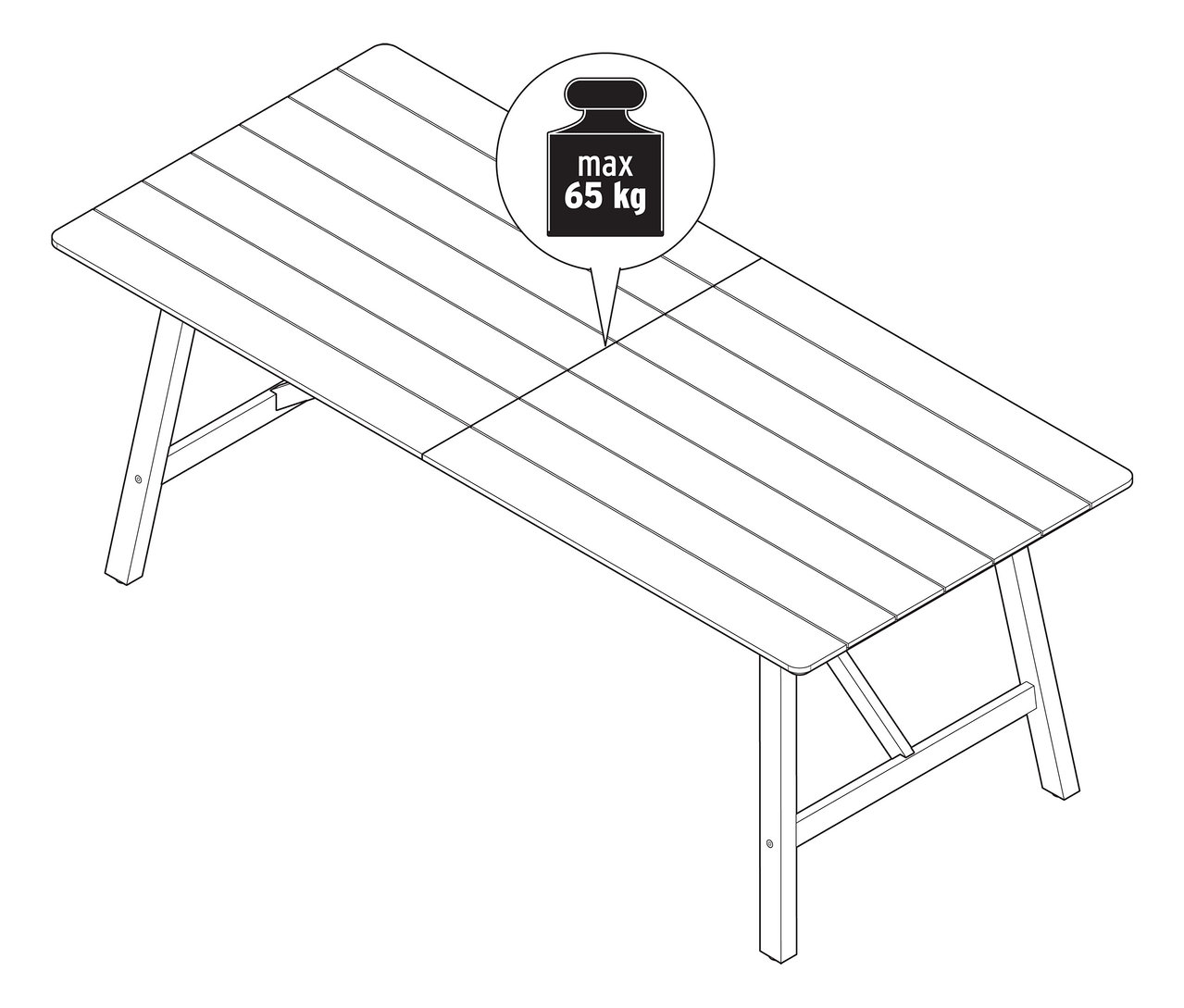 Ilustrace rozkládacího zahradního stolu s rustikální konstrukcí, cca 200–250 cm, s maximální nosností 65 kg.