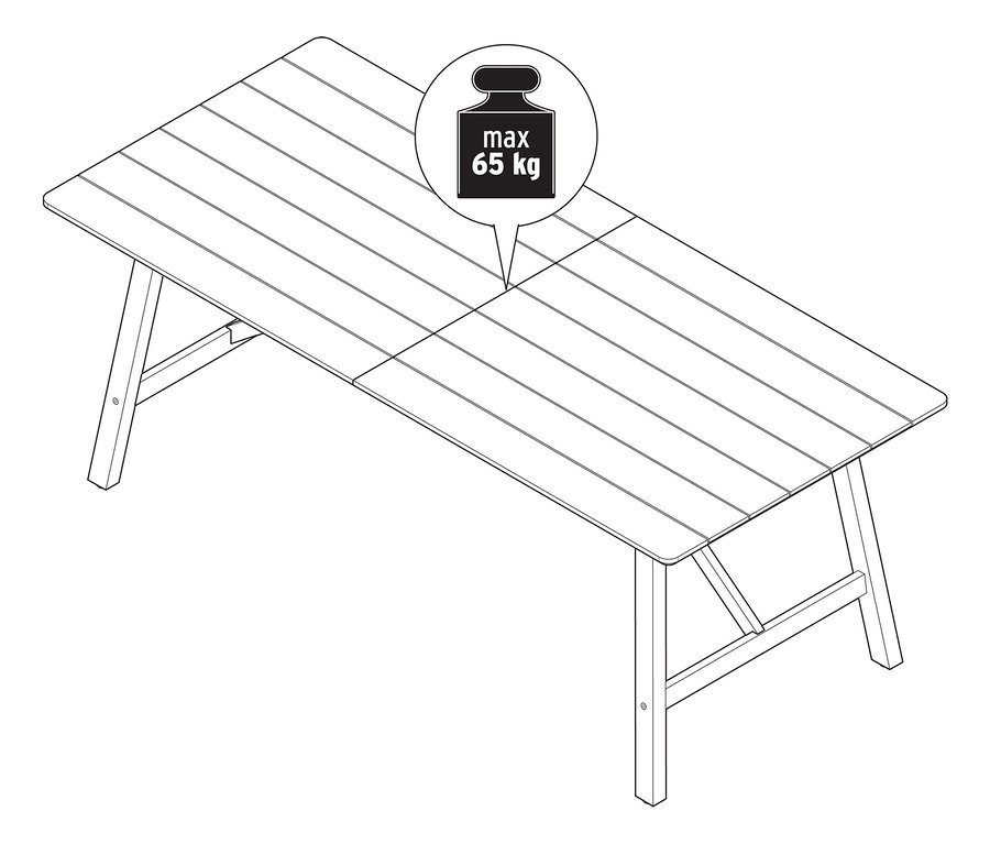 Ilustrace rozkládacího zahradního stolu s rustikální konstrukcí, cca 200–250 cm, s maximální nosností 65 kg.