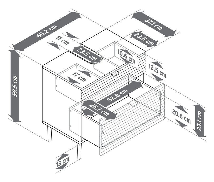 Rozměry skříňky pod umyvadlo »SONARI« se zásuvkami.