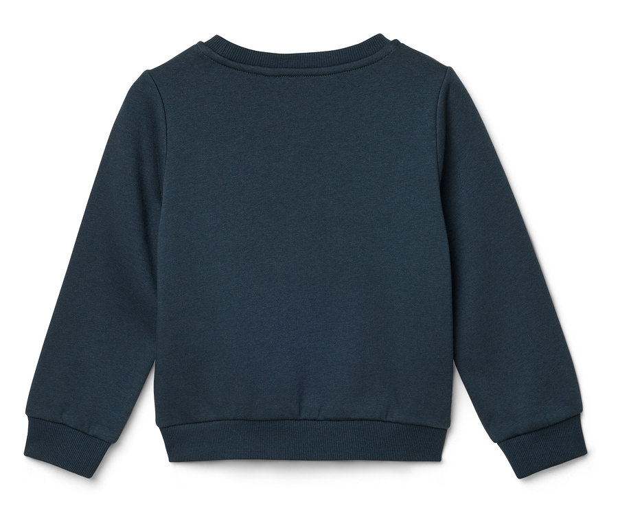 Tmavě modrá mikina s dlouhými rukávy, pohled zezadu.