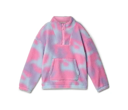 Růžový, fialový a světle modrý fleecový pulovr s tie-dye vzorem, polovičním zipem a přední klokaní kapsou.