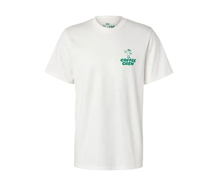 Bílé unisex tričko Coffee Crew s malým zeleným potiskem.