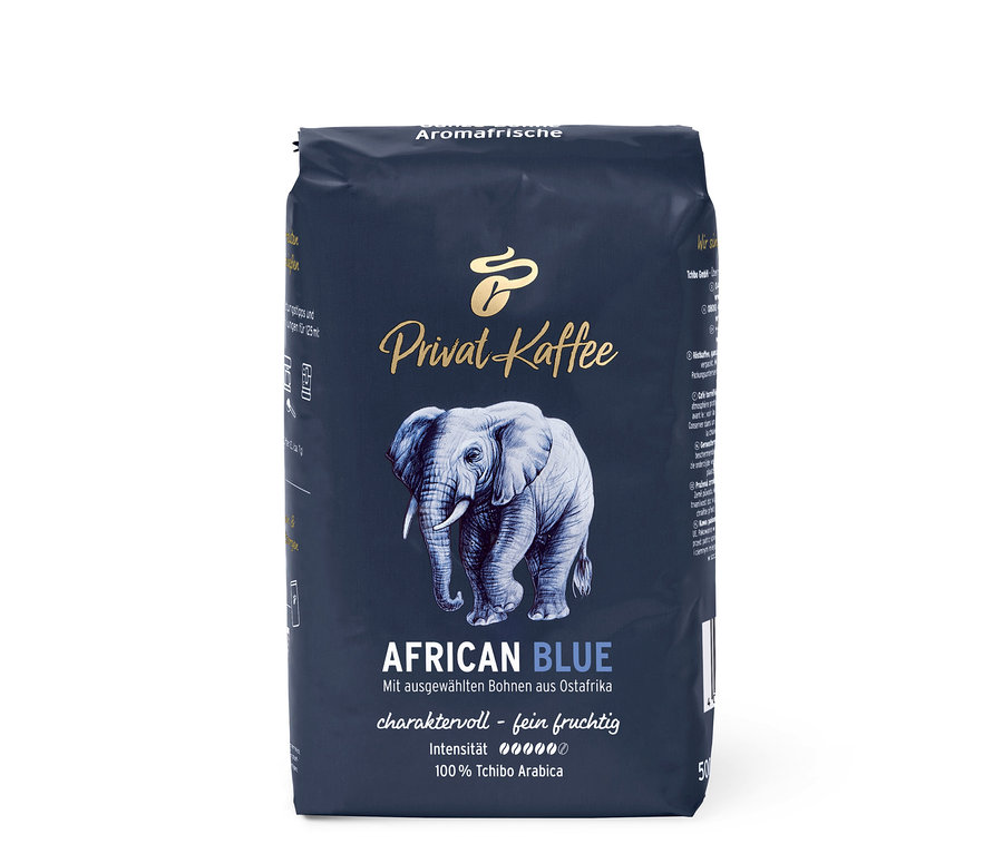 Balení zrnkové kávy Privat Kaffee African Blue 500 g. Na obalu je obrázek slona.