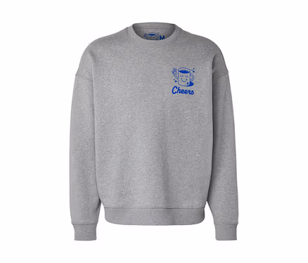 Šedá mikina Unisex Coffee Crew s modrým potiskem šálku kávy a nápisem Cheers.