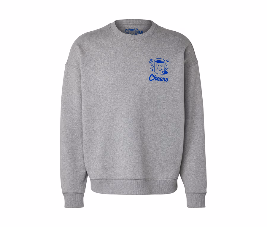 Šedá mikina Unisex Coffee Crew s modrým potiskem šálku kávy a nápisem Cheers.