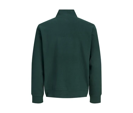 Zadní pohled na tmavě zelený svetr Jack&Jones Troyer Soho se čtvrtinovým zipem.