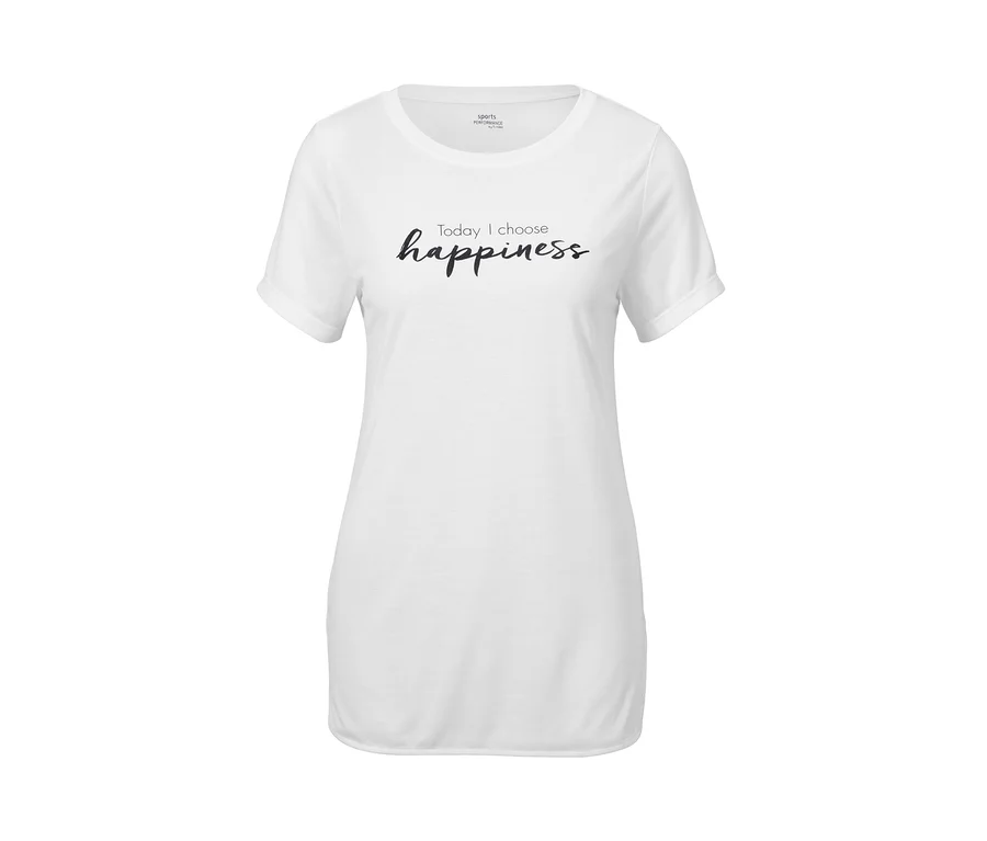 Bílé sportovní tričko s nápisem "Today I choose happiness".