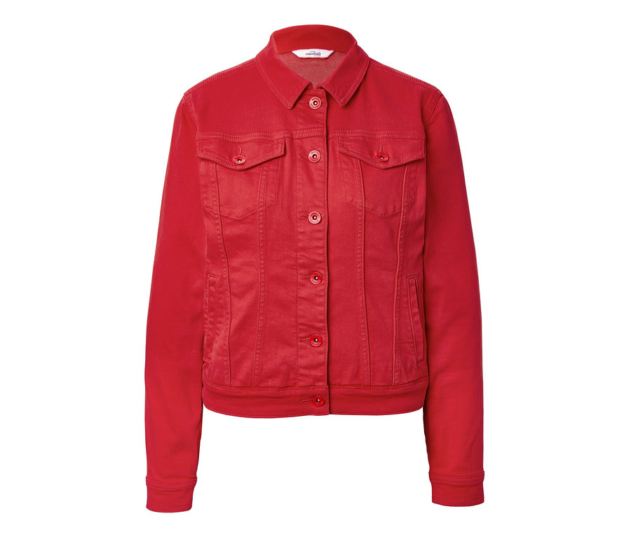 Červená džínová bunda s knoflíky.