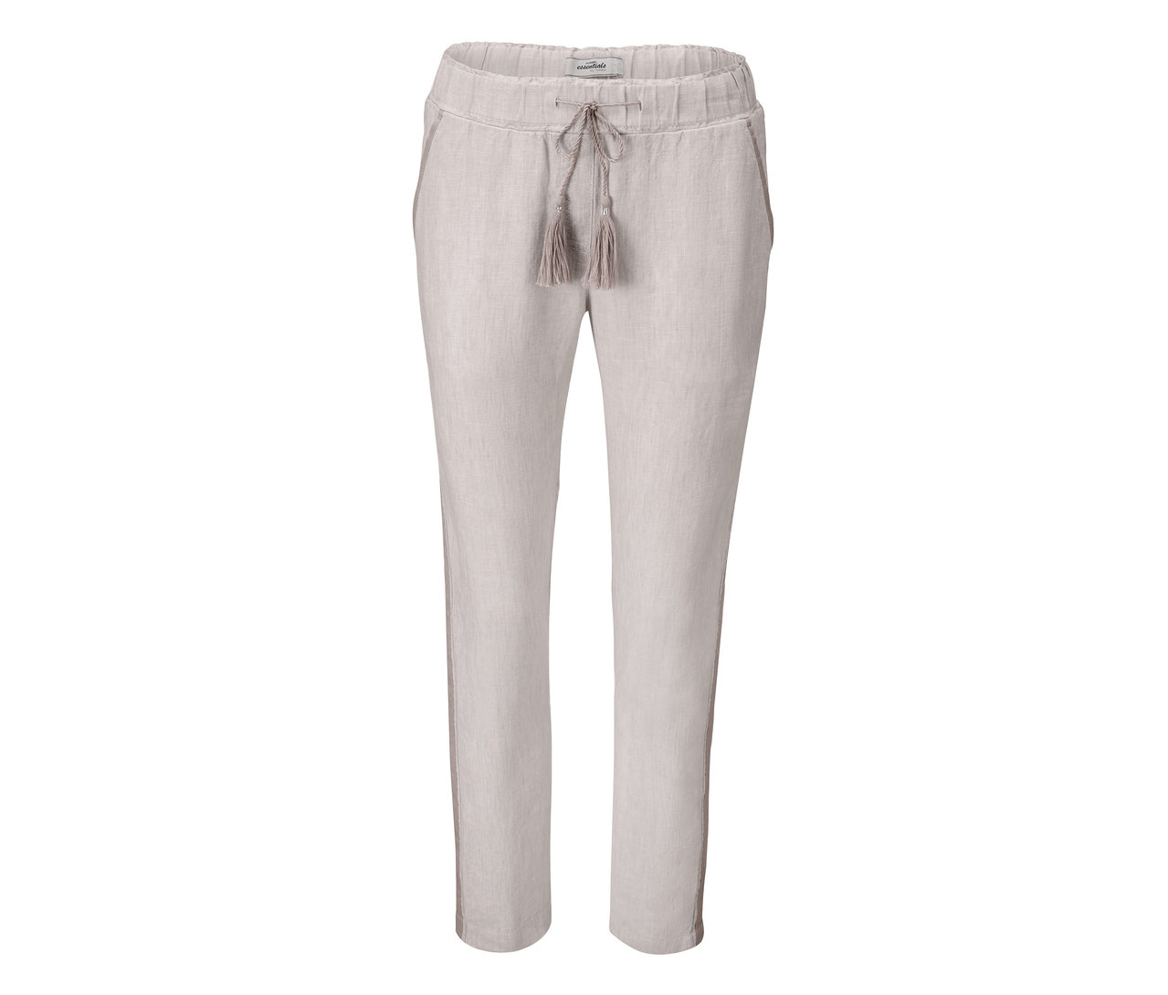 Béžové lněné kalhoty se stahovací šňůrkou.