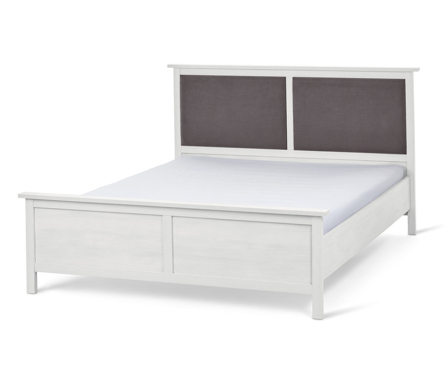 Bílá postel s čalouněným čelem se dvěma šedými obdélníky, cca 180 x 200 cm.