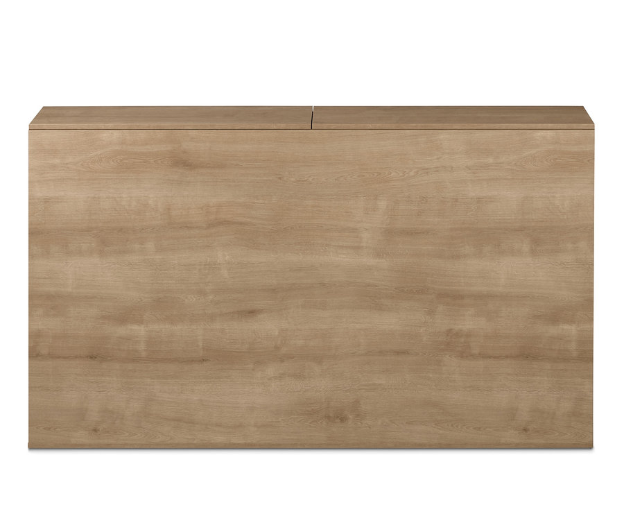 Čelní pohled na postel s úložným prostorem.