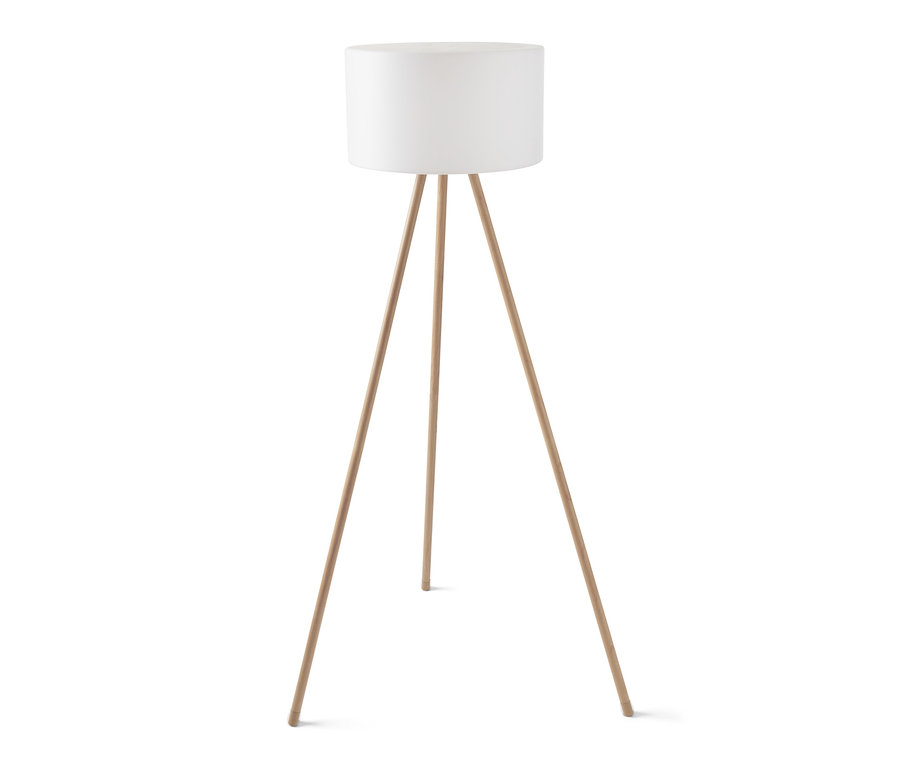 Akumulátorová stojací lampa s LED v dřevěném vzhledu s bílým stínidlem a třemi nohami.