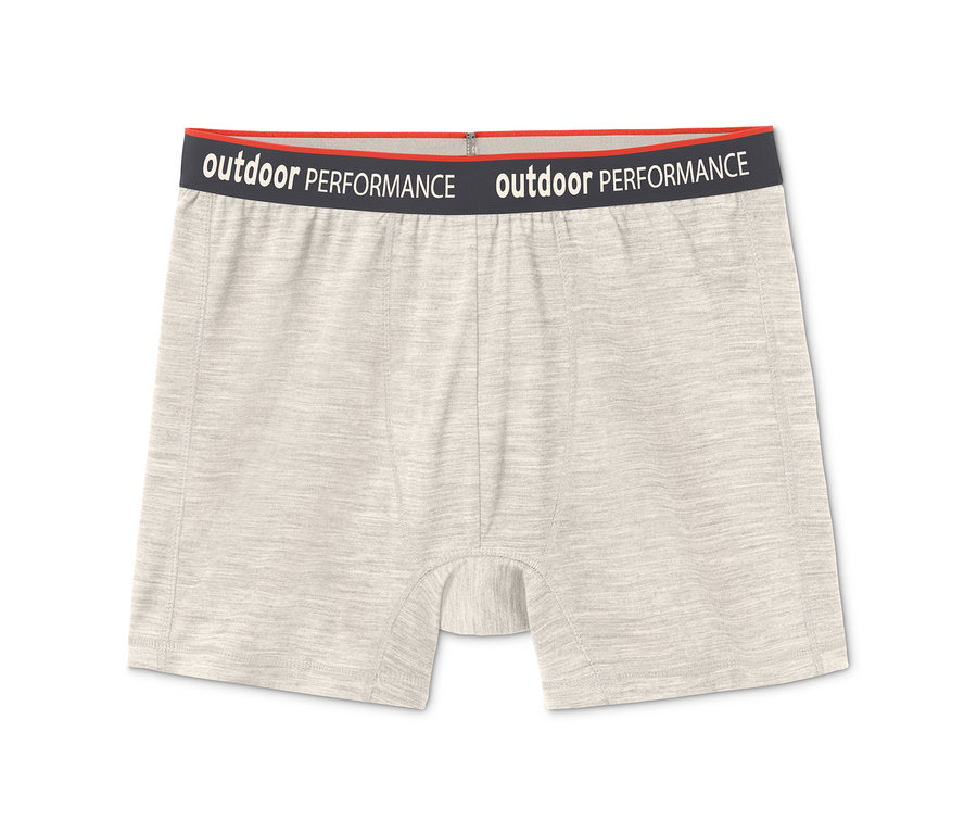 Béžové pánské boxerky s certifikací RWS vlny, 2 ks, s nápisem Outdoor Performance na elastickém pasu.