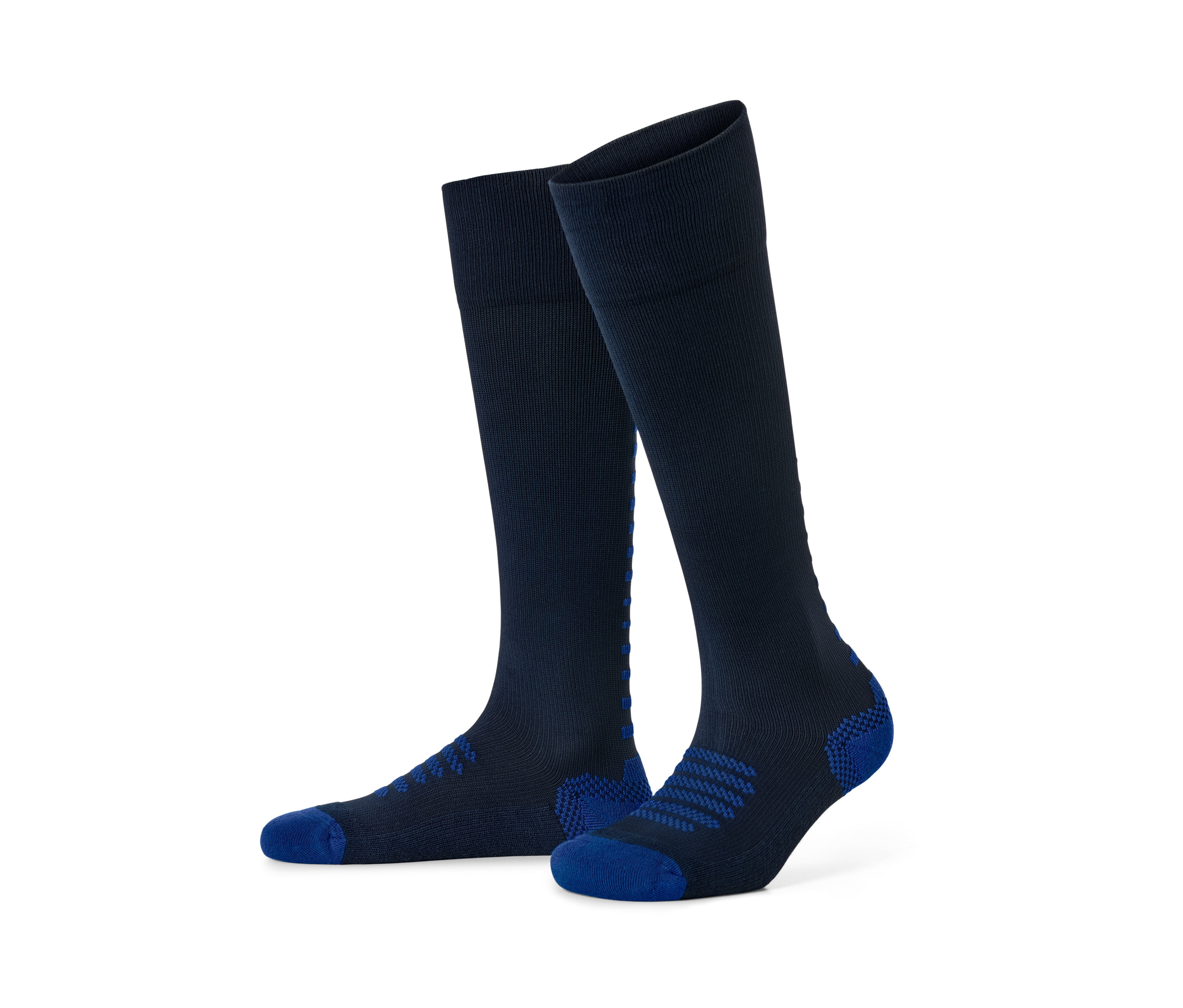 Dvě sportovní kompresní podkolenky tmavě modré barvy s modrými detaily.