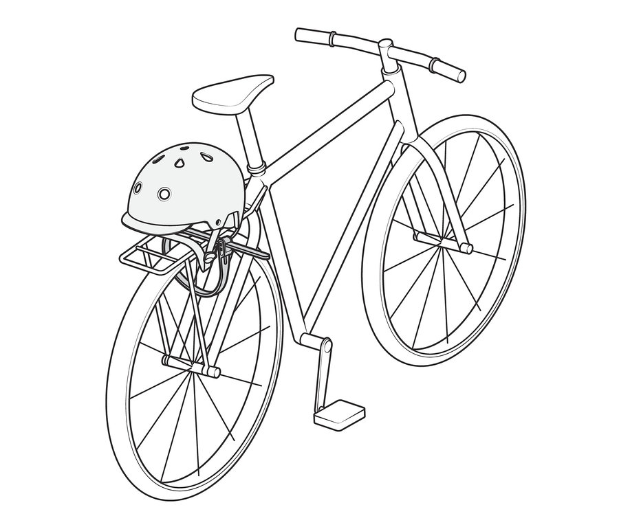 Nákres kola s kabeovým zámkem a helmou na předním nosiči.