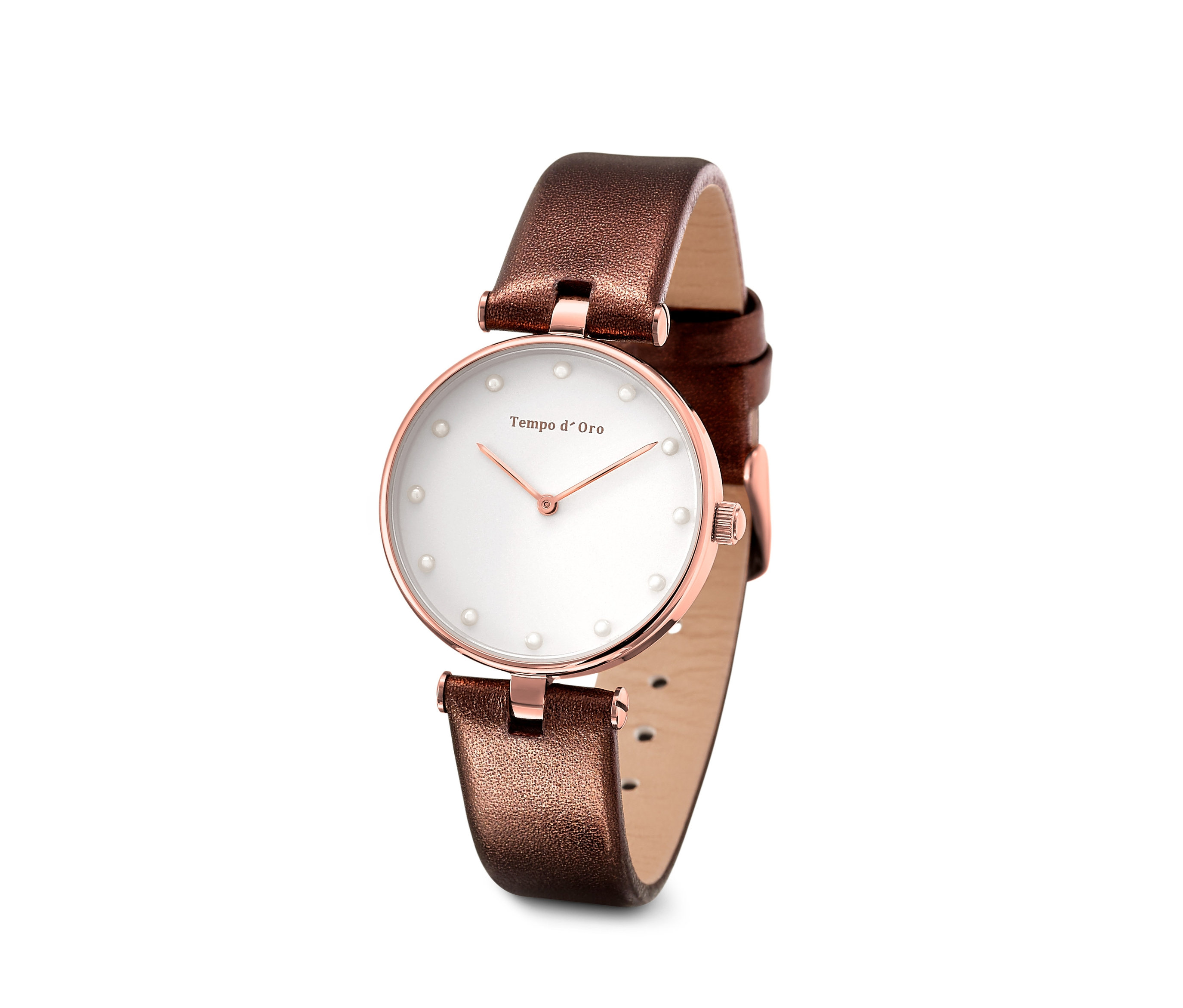 Dámské hodinky s koženým řemínkem na bílém pozadí.