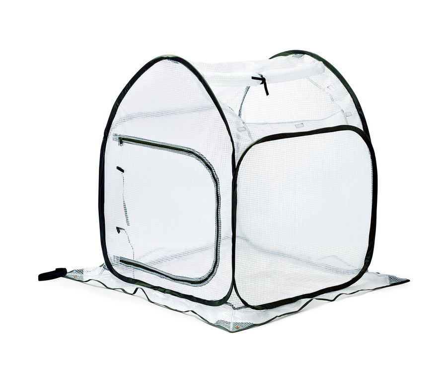 Malý samorozkládací stan na ochranu rostlin.