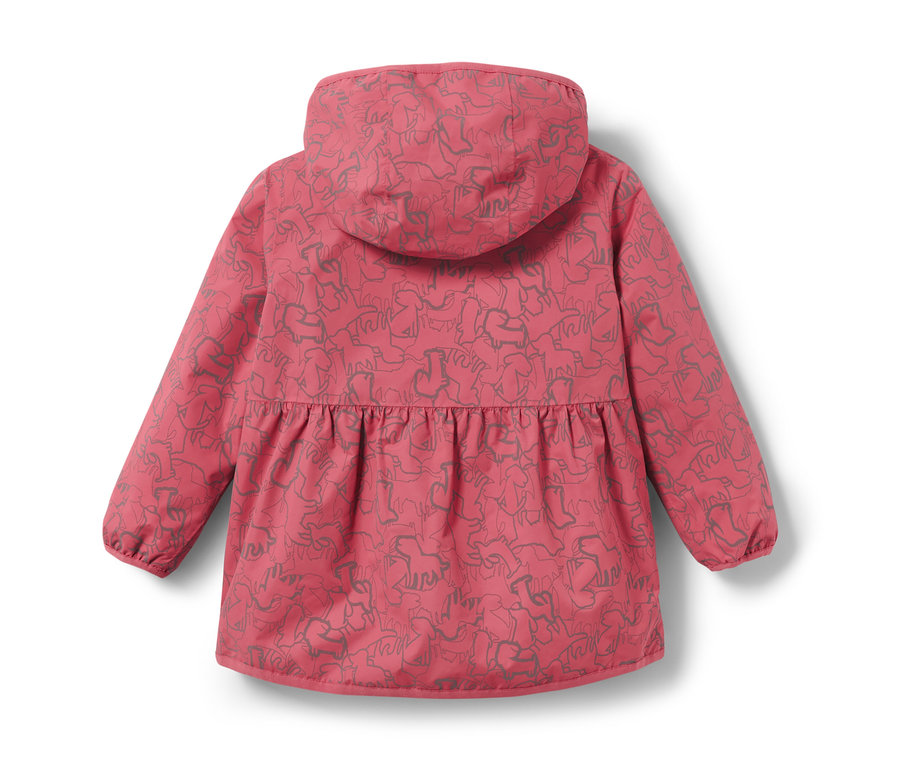 Růžová dětská termobunda do deště s reflexními prvky, vzadu.