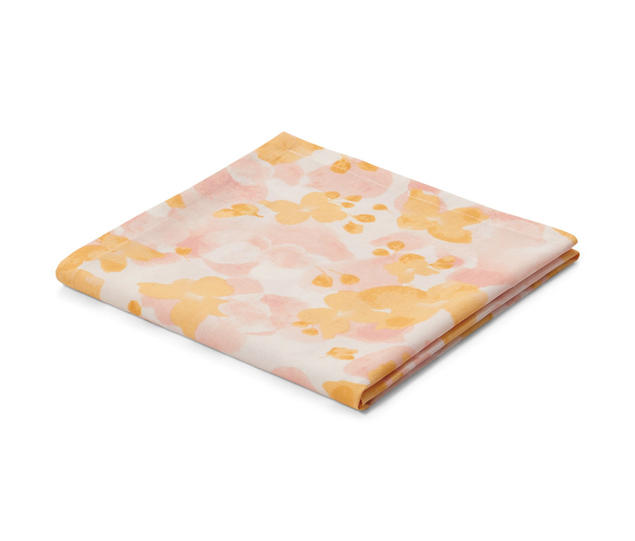 Složený středový ubrus se vzorem květů, cca 90 x 90 cm.