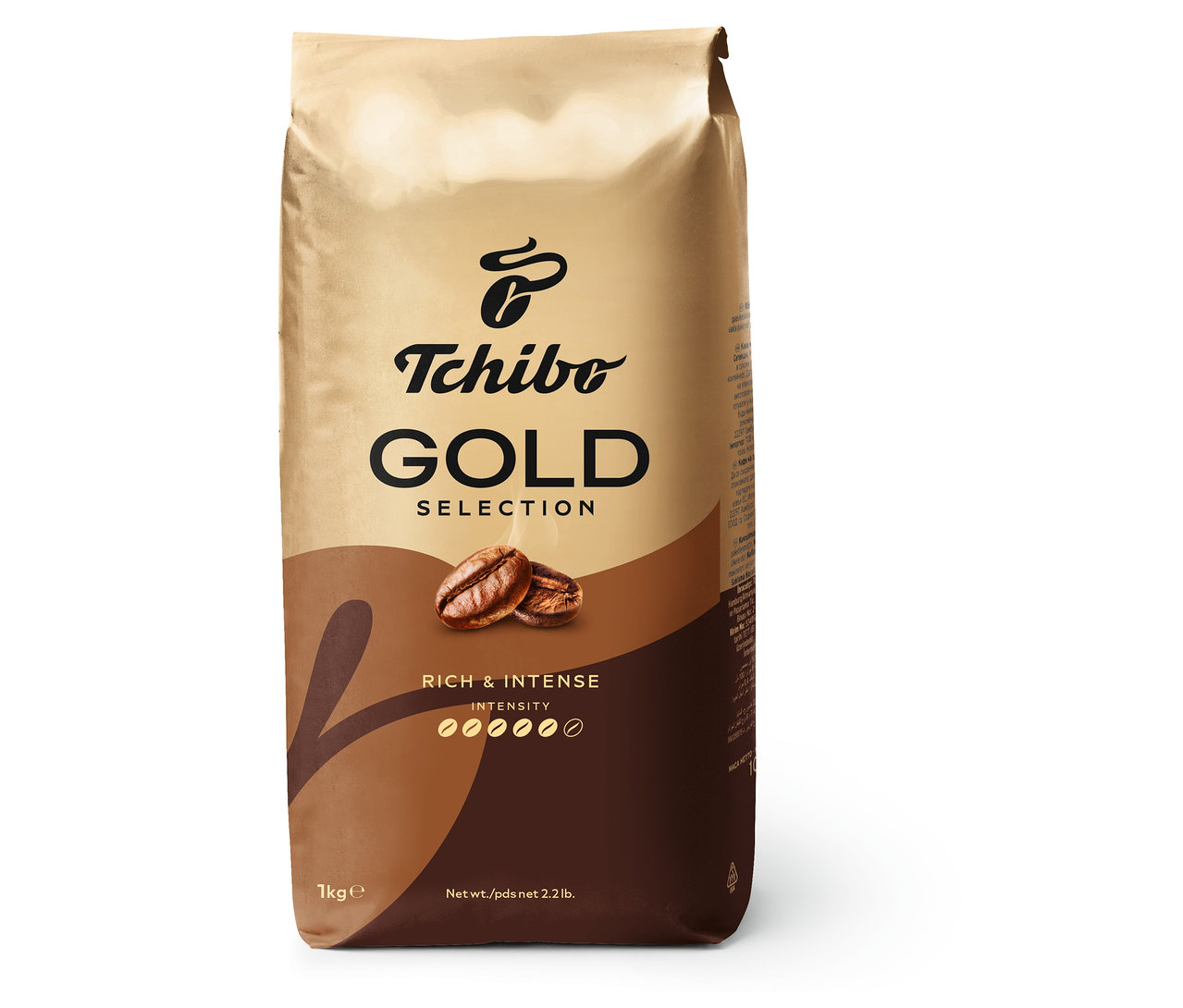 Balení zrnkové kávy Gold Selection 1 kg.