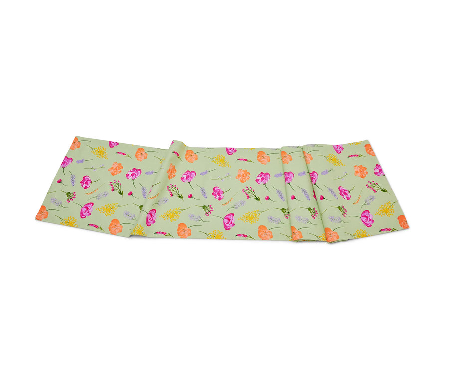 Běhoun na stůl šalvějové barvy s květinovým potiskem.