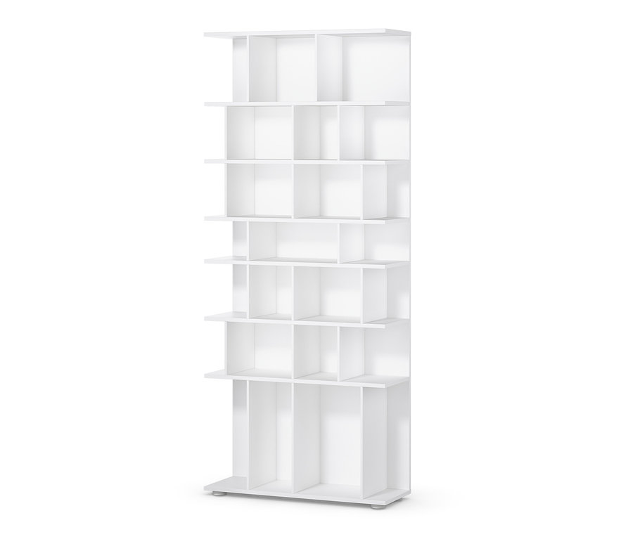 Bílý regál, šířka cca 80 cm, s různě velkými přihrádkami.
