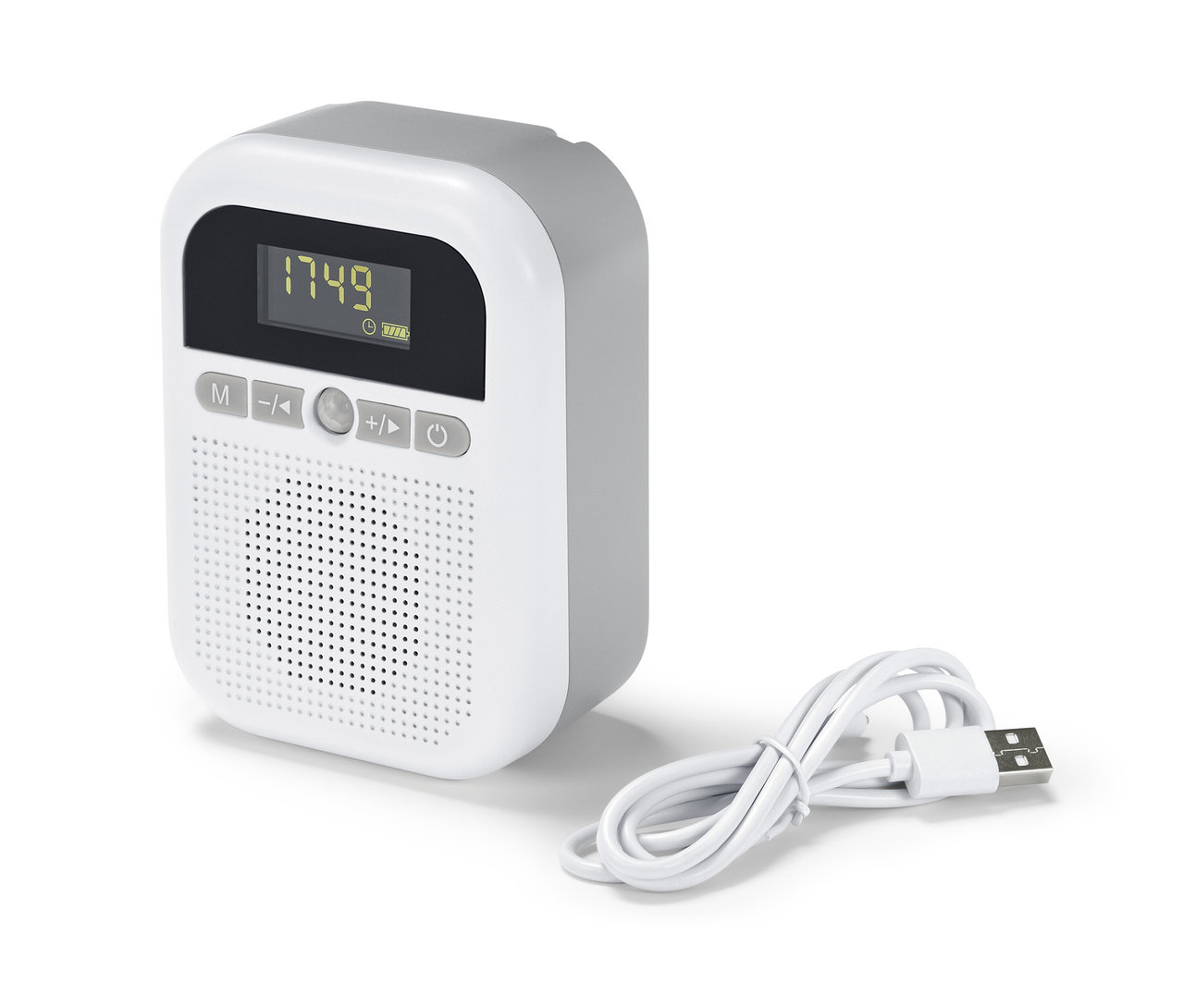 Šedé rádio do koupelny s bílou přední stranou a USB kabelem.