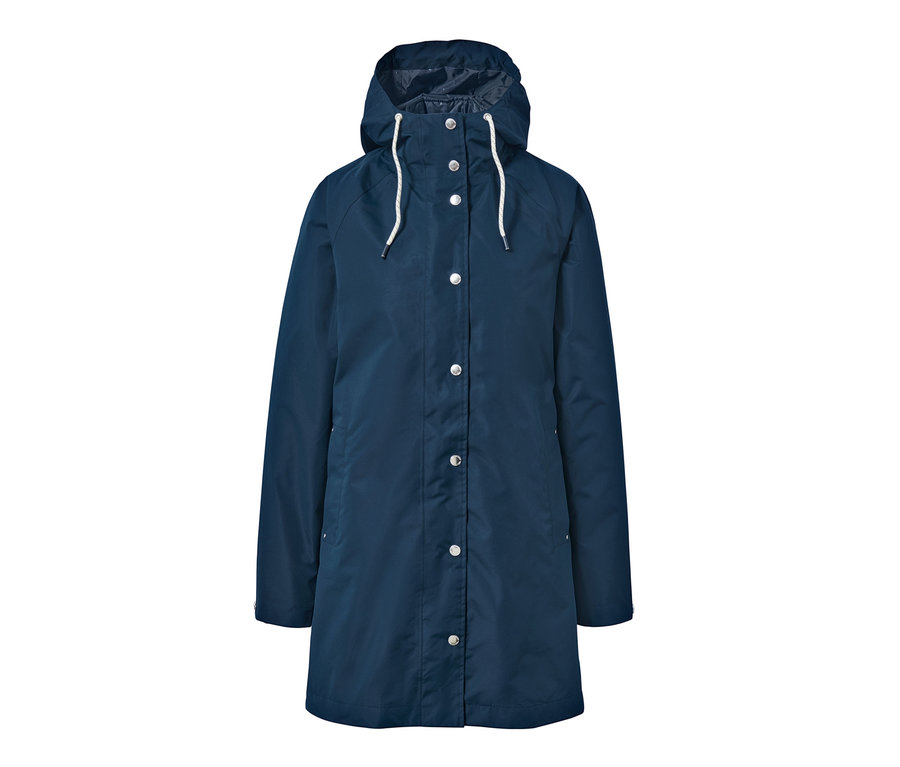Modrá bunda do deště 3 v 1 s kapucí a zapínáním na knoflíky.