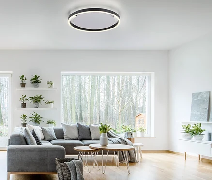 Obývací pokoj s šedou sedačkou a LED stropním svítidlem JUST LIGHT . LED Deckenleuchte »Ritus«.