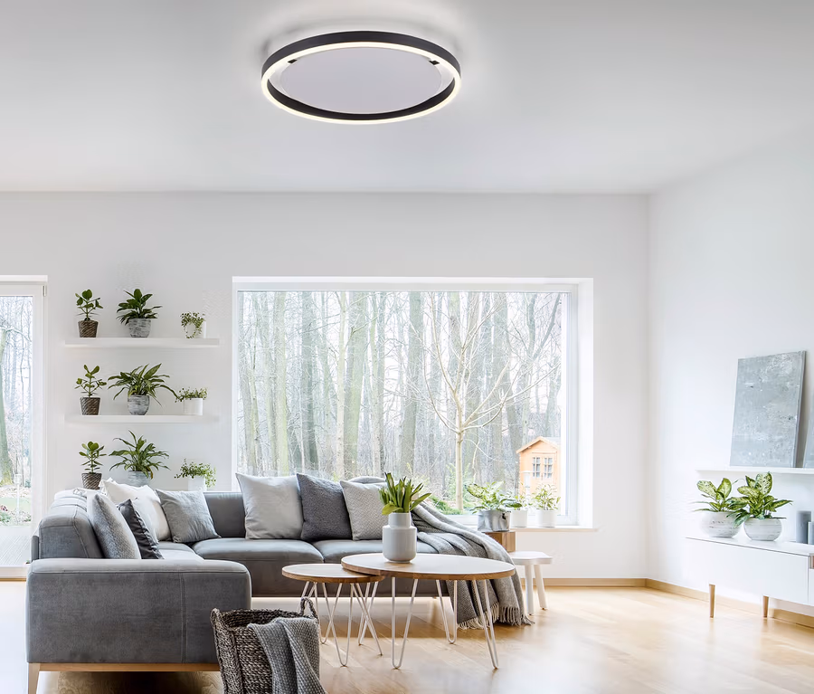 Obývací pokoj s šedou sedačkou a LED stropním svítidlem JUST LIGHT . LED Deckenleuchte »Ritus«.