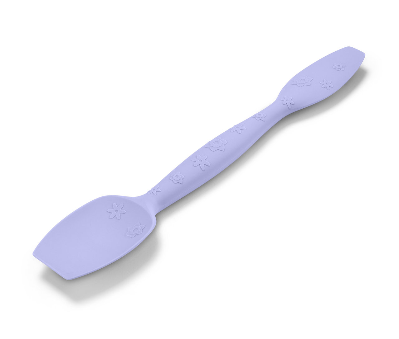 Fialová multifunkční lžíce na těsto s květinovým vzorem.