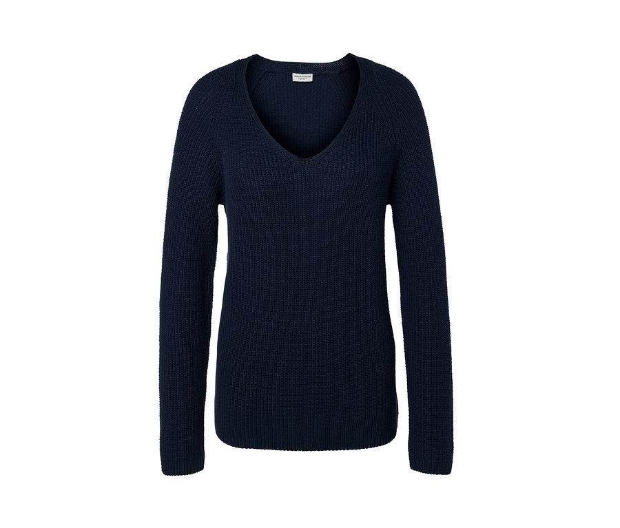 Tmavě modrý pletený svetr s výstřihem do V.