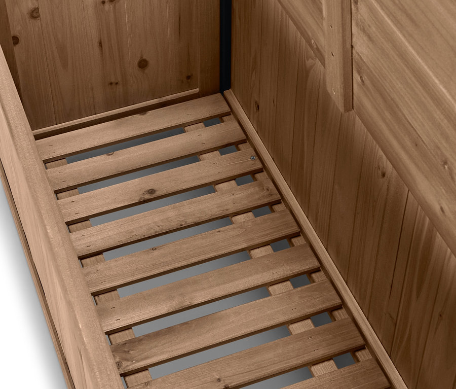 Pohled do otevřeného úložného prostoru modulu zástěny Elin s lavičkou.