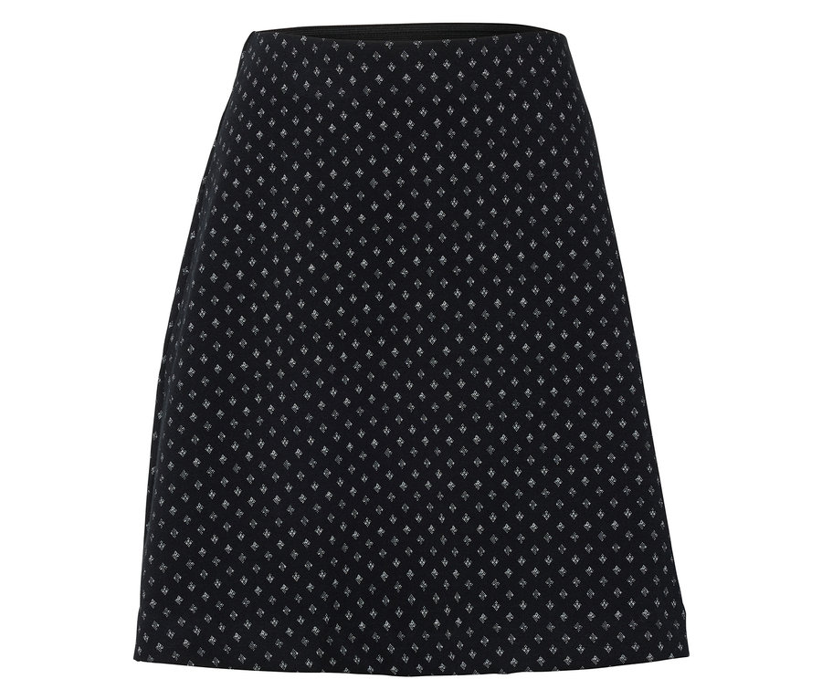 Černá sukně s drobným bílým vzorem.