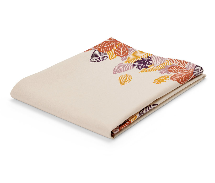 Složená béžová látka s potiskem listů v odstínech oranžové, fialové a žluté.