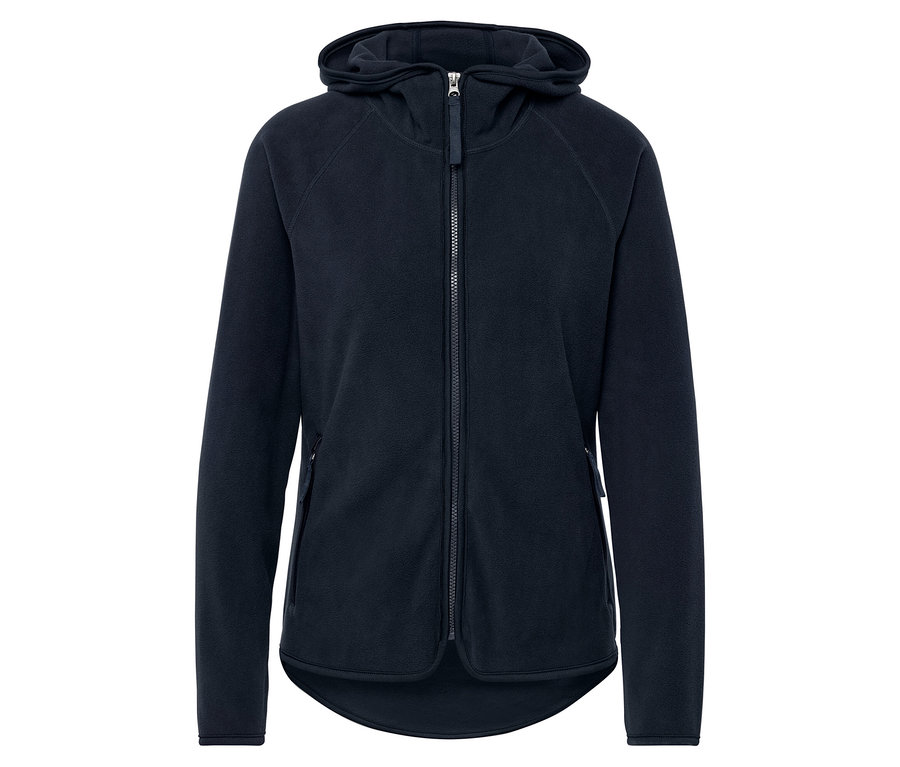 Tmavě modrá fleecová bunda s kapucí a zipem.