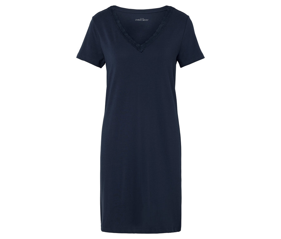 Tmavě modrá noční košile s výstřihem do V a krátkými rukávy, zdobená krajkou.