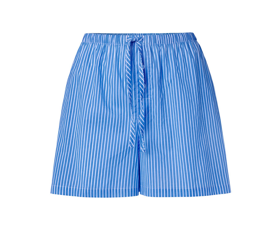 Modré tkané šortky s bílými pruhy a stahovací šňůrkou v pase.