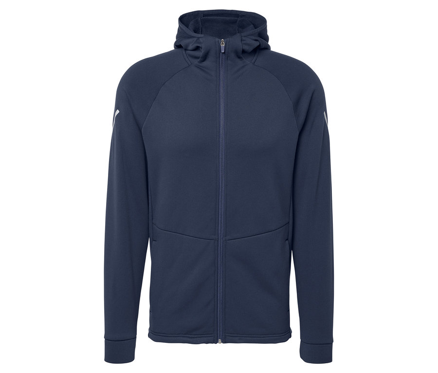 Tmavě modrá termobunda s kapucí a zipem po celé délce.