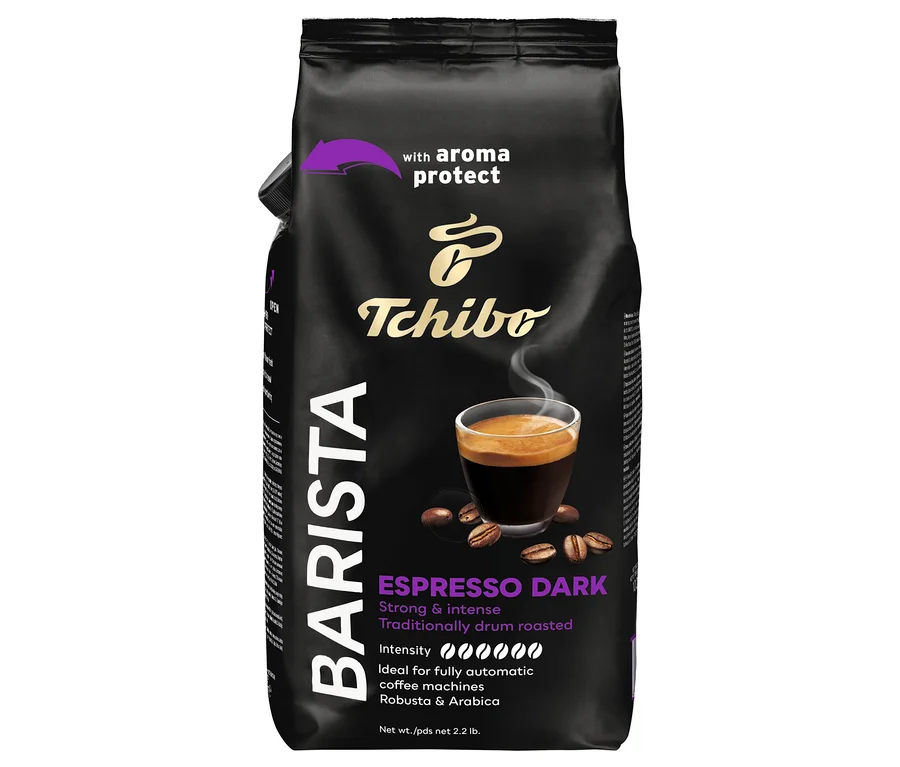 Černé balení kávy BARISTA Espresso Dark s obrázkem šálku espressa.