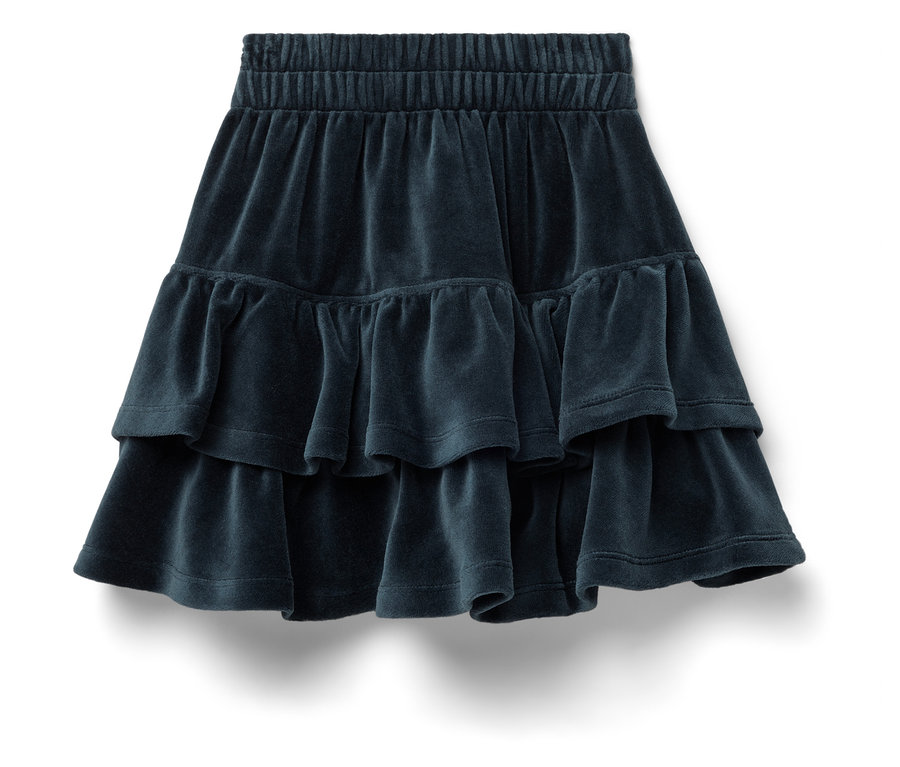 Tmavě modrá sametová sukně se dvěma volány a elastickým pasem.