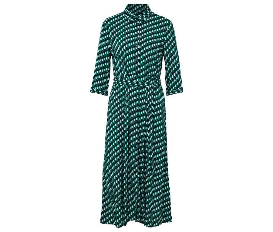 Zelené a bílé vzorované šaty s páskem.