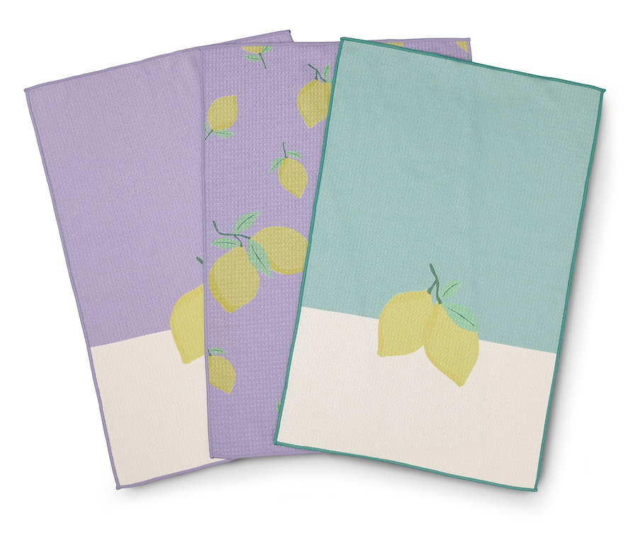 Tři utěrky s motivem citronů v barvách levandule, fialové a tyrkysové.