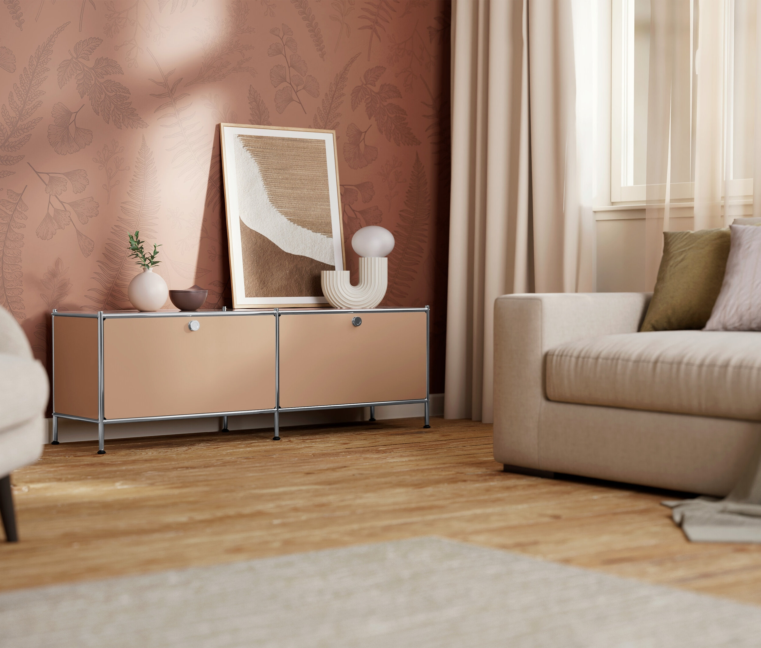 Obývací pokoj s béžovou komodou, obrazem a pohovkou.