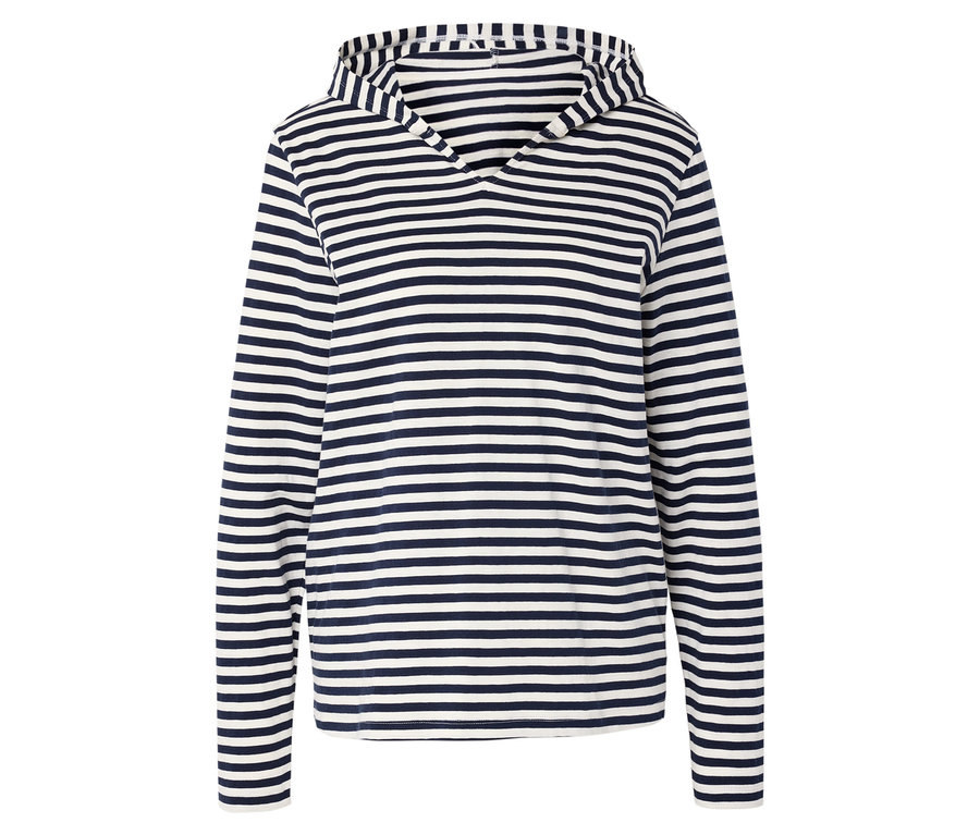 Žerzejová mikina s kapucí s tmavě modrými a bílými pruhy po celé ploše.